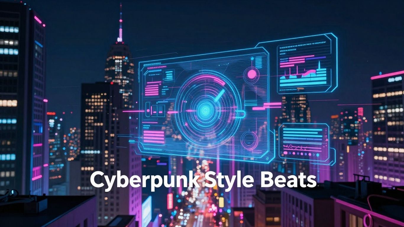 Neon cityscape with futuristic musical elements, cyberpunk style.