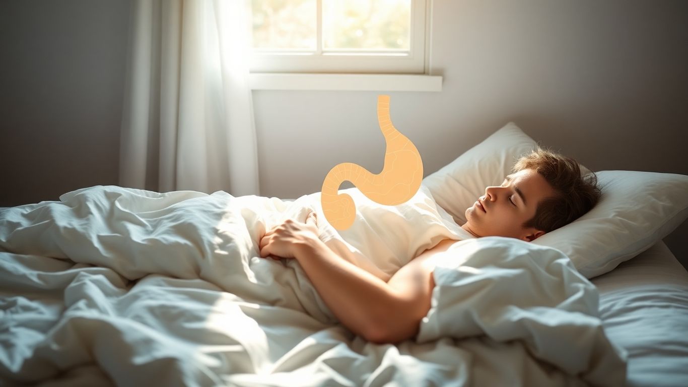 Person sleeping peacefully, sunlight, healthy gut illustration.