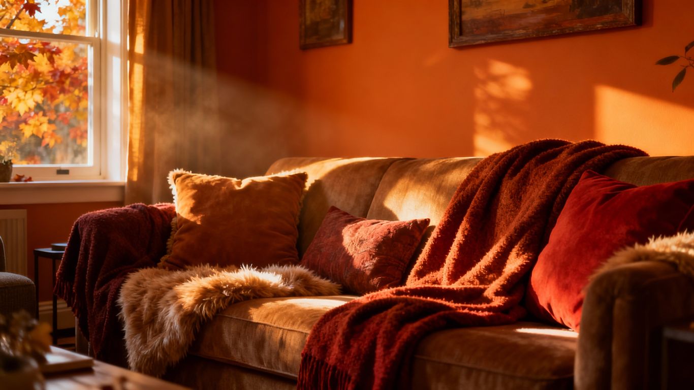 Cozy autumn living room with warm, earthy paint colors.
