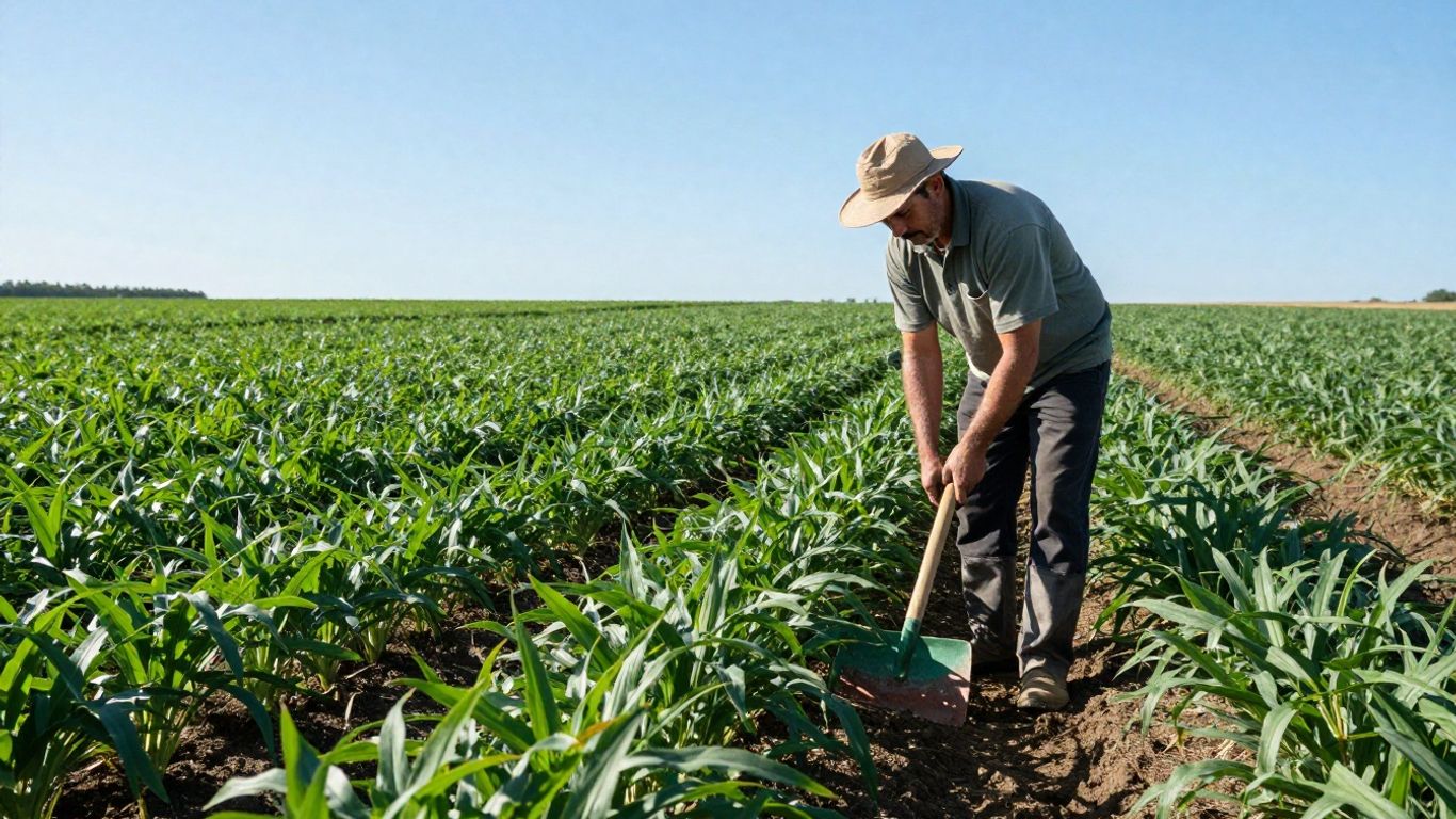 Câmp agricol verde cu fermier și unelte ecologice.