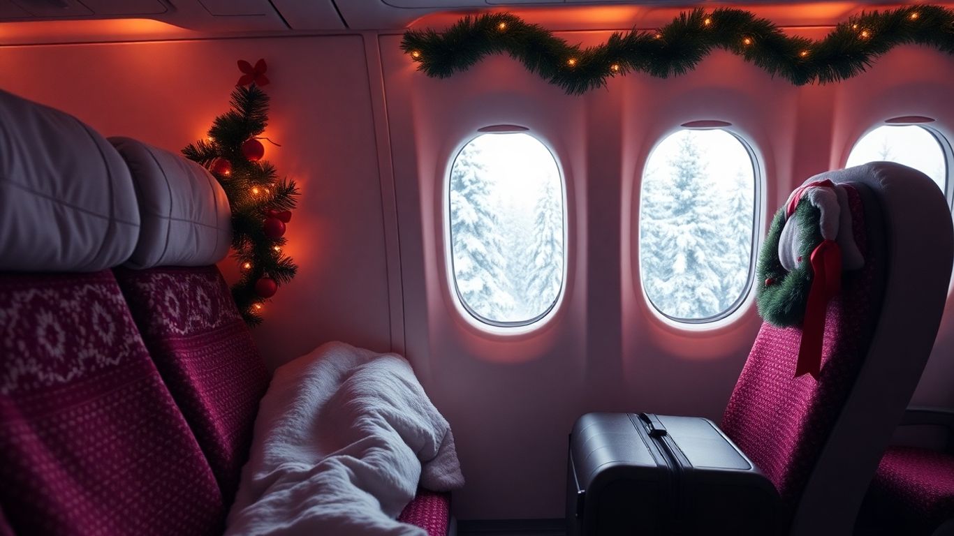 Festive airplane cabin for Christmas travel.
