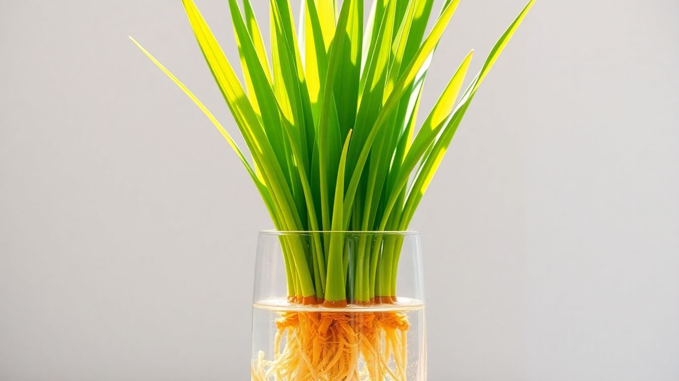 Espada-de-São-Jorge crescendo em um vaso de vidro com água.