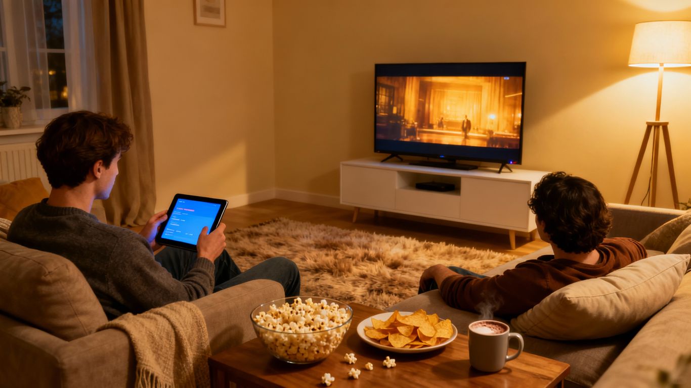 Living room with people watching streaming and cable TV