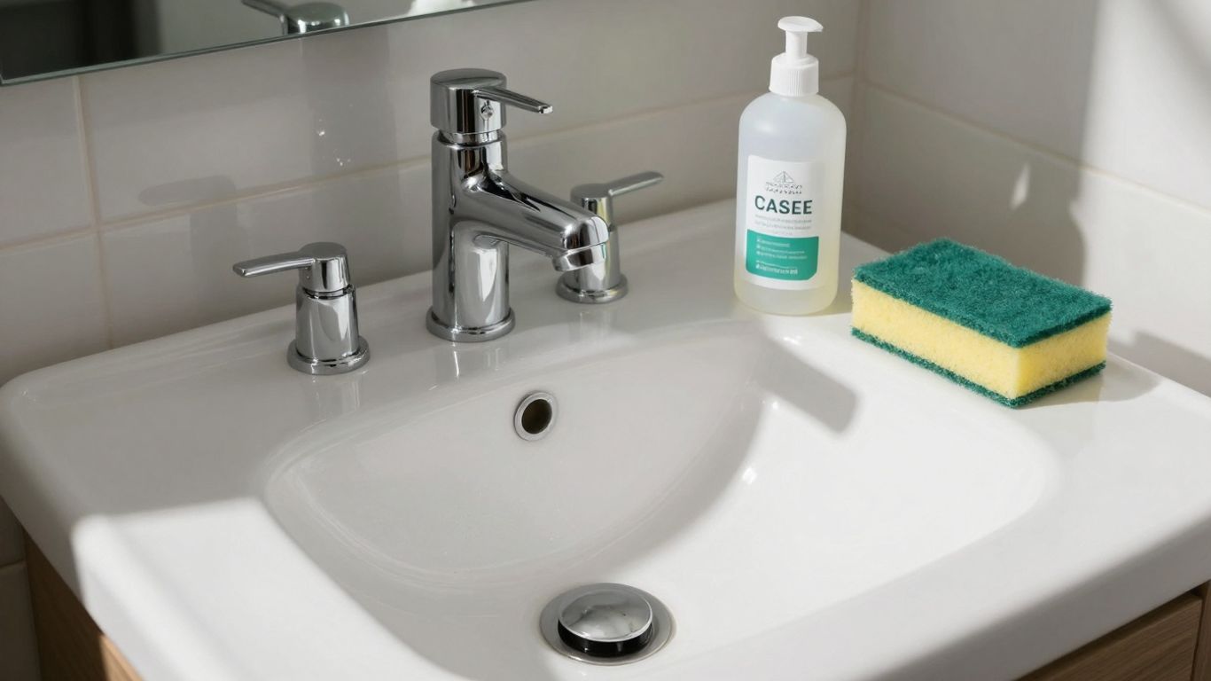 Sparkling clean bathroom sink with white vinegar bottle and sponge.