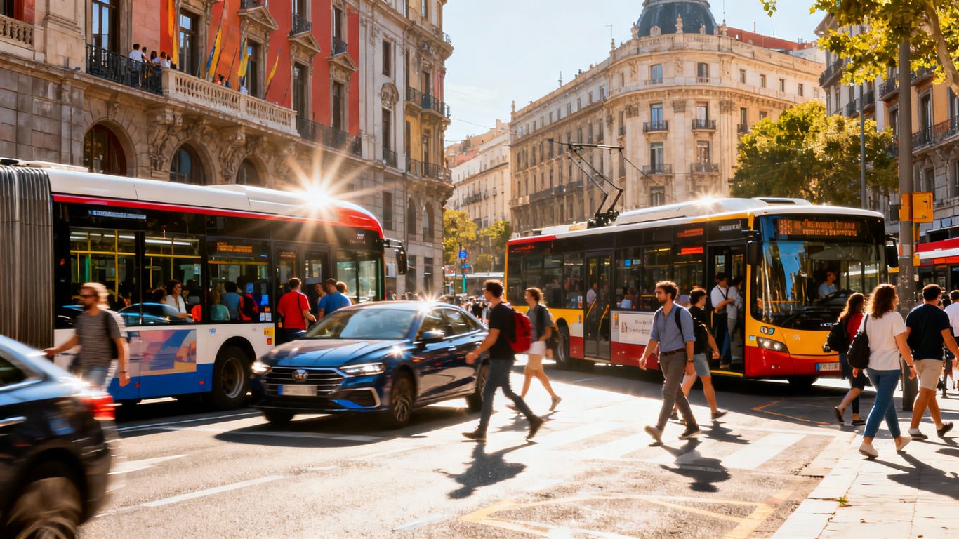 People using public transport in a busy city.