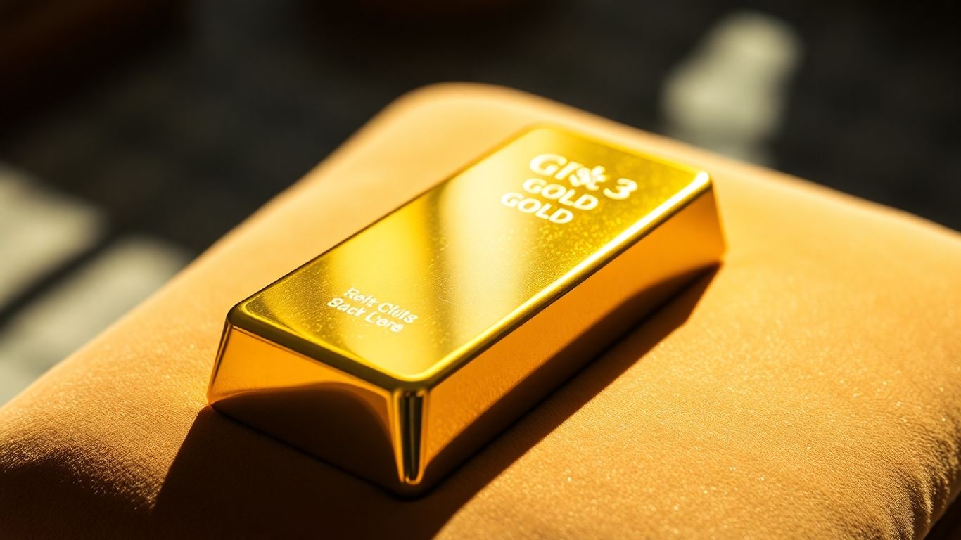 Barra de oro brillante sobre un cojín de terciopelo.