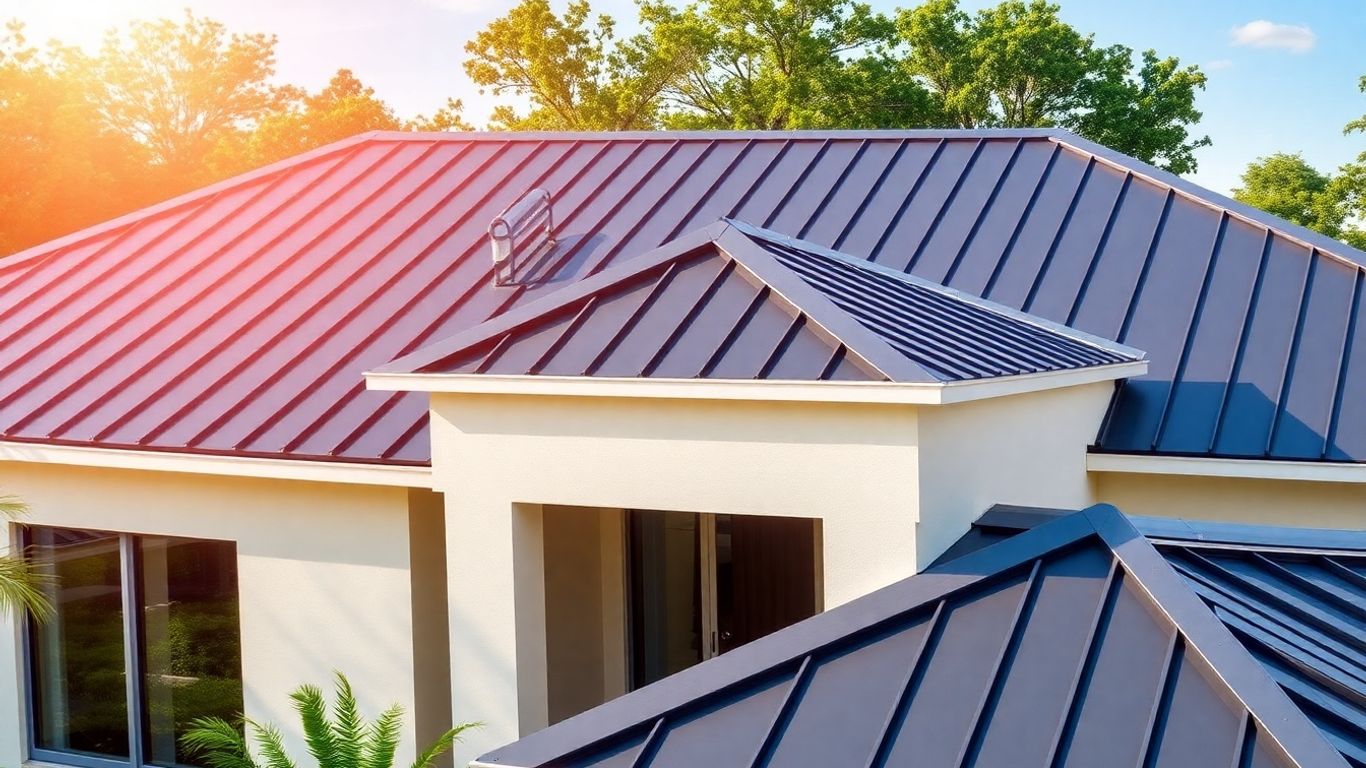 Modern home with sleek dark gray metal roof under sunny sky.