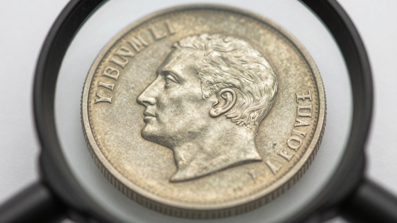 Magnified coin surface under bright light.