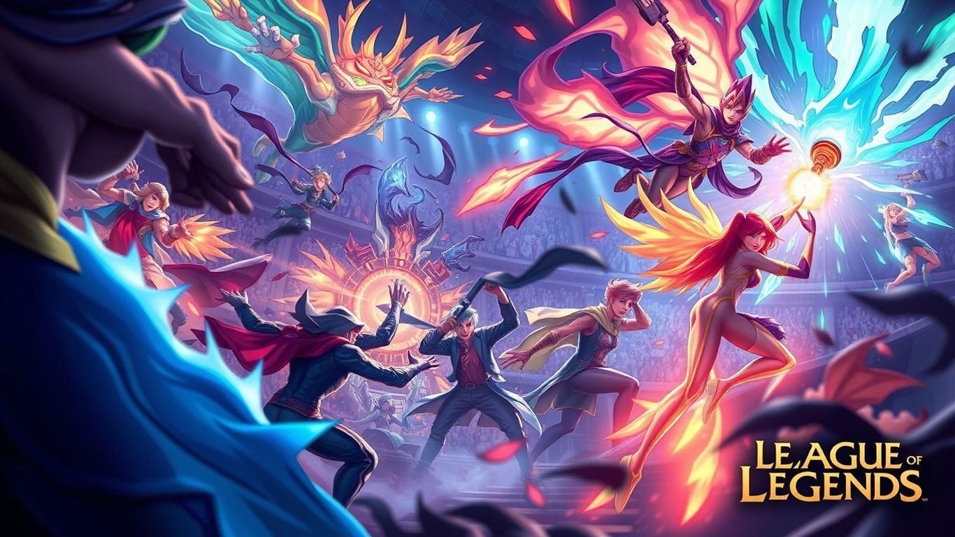 League of Legends esports match with dynamic character art and spell effects.