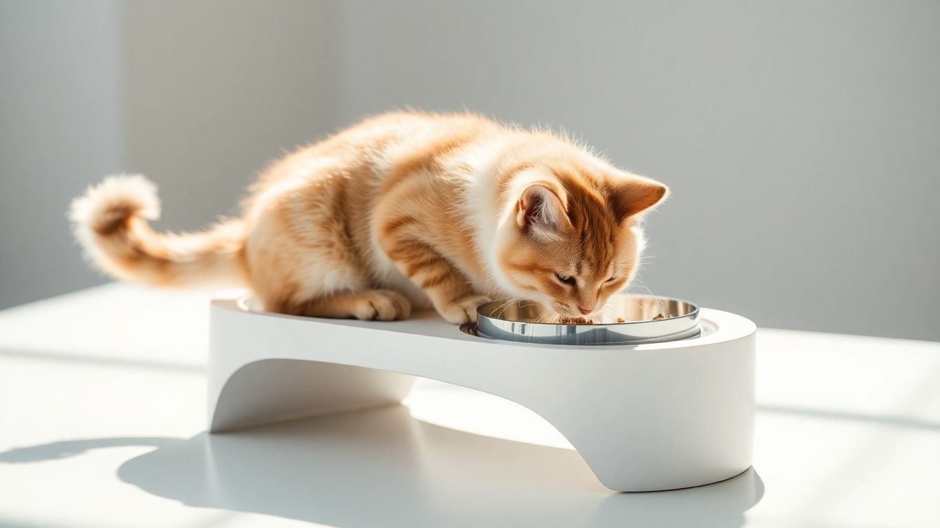Cat eating from elevated bowl