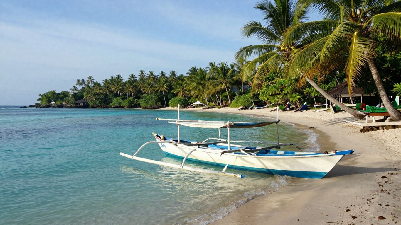 Balinese beach with palm trees and a fishing boat.
