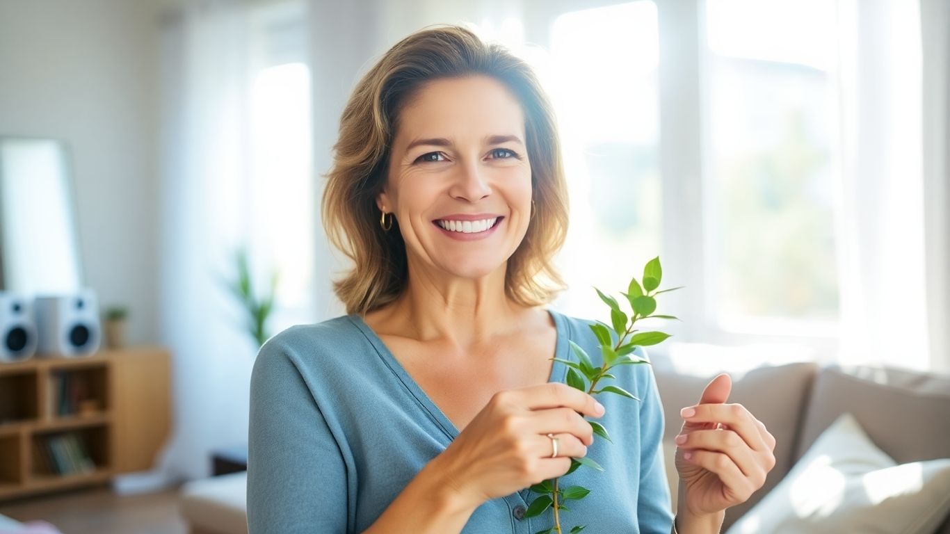 Mulher sorrindo com planta em ambiente iluminado.