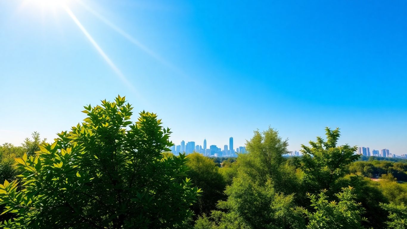 Ciel bleu clair au-dessus d'un paysage verdoyant.