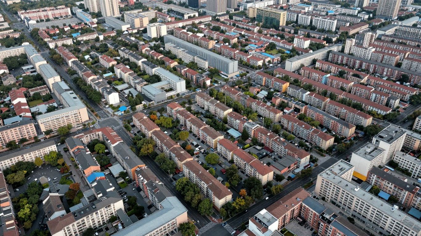 Cityscape showing distinct residential and commercial zones.