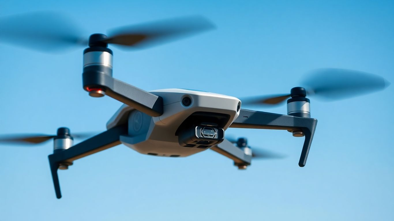 Modern drone in flight against a blue sky.