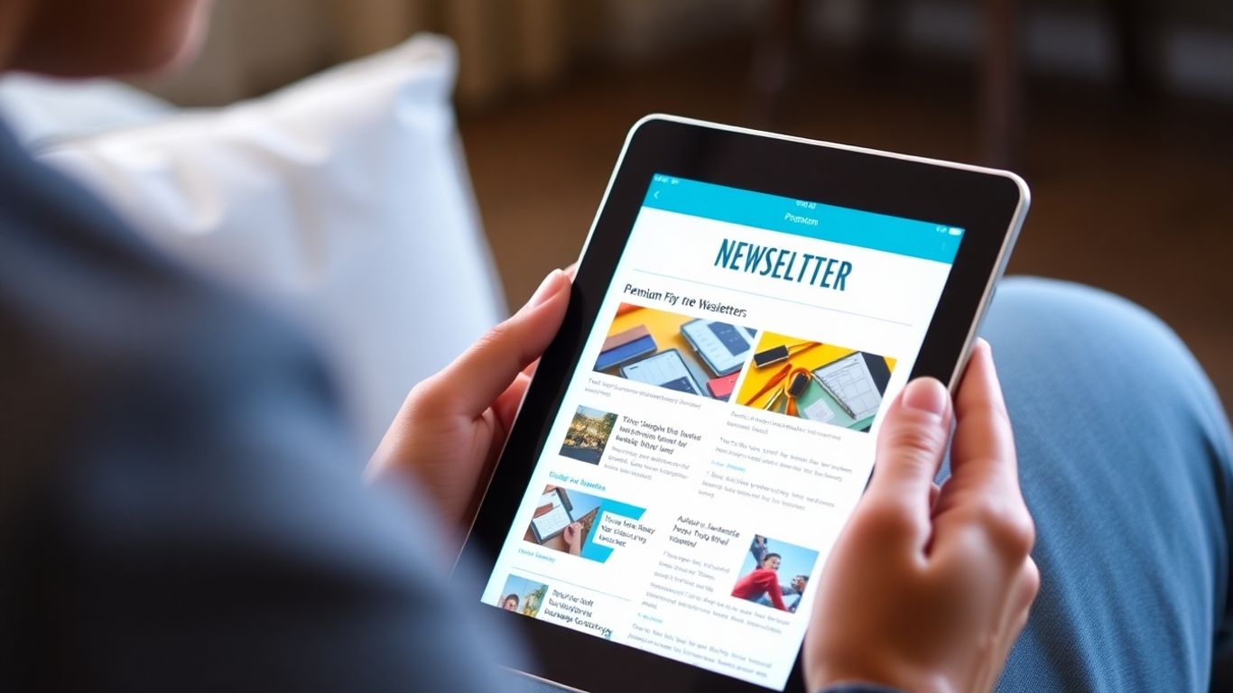 Person reading a premium newsletter on a tablet device.