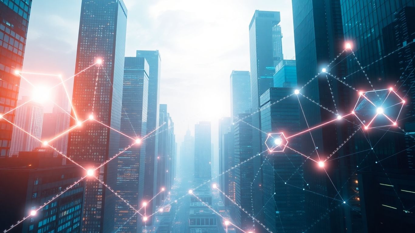 Empresas conectadas por inteligencia artificial en un paisaje urbano futurista.