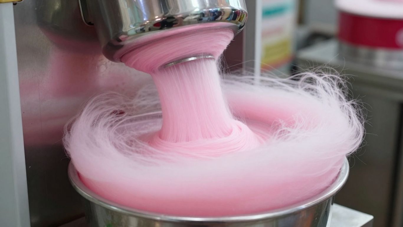 Commercial candy floss machine making pink candy floss.