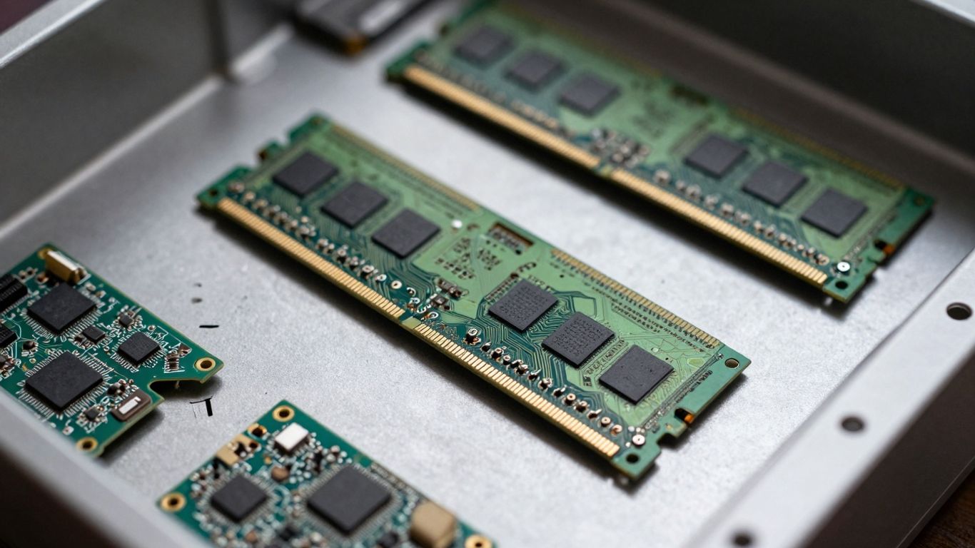 Composants informatiques, barrettes de RAM cassées, crise industrielle.