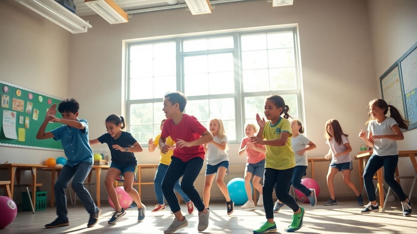 Schüler spielen aktiv Bewegungsspiele im Klassenzimmer.