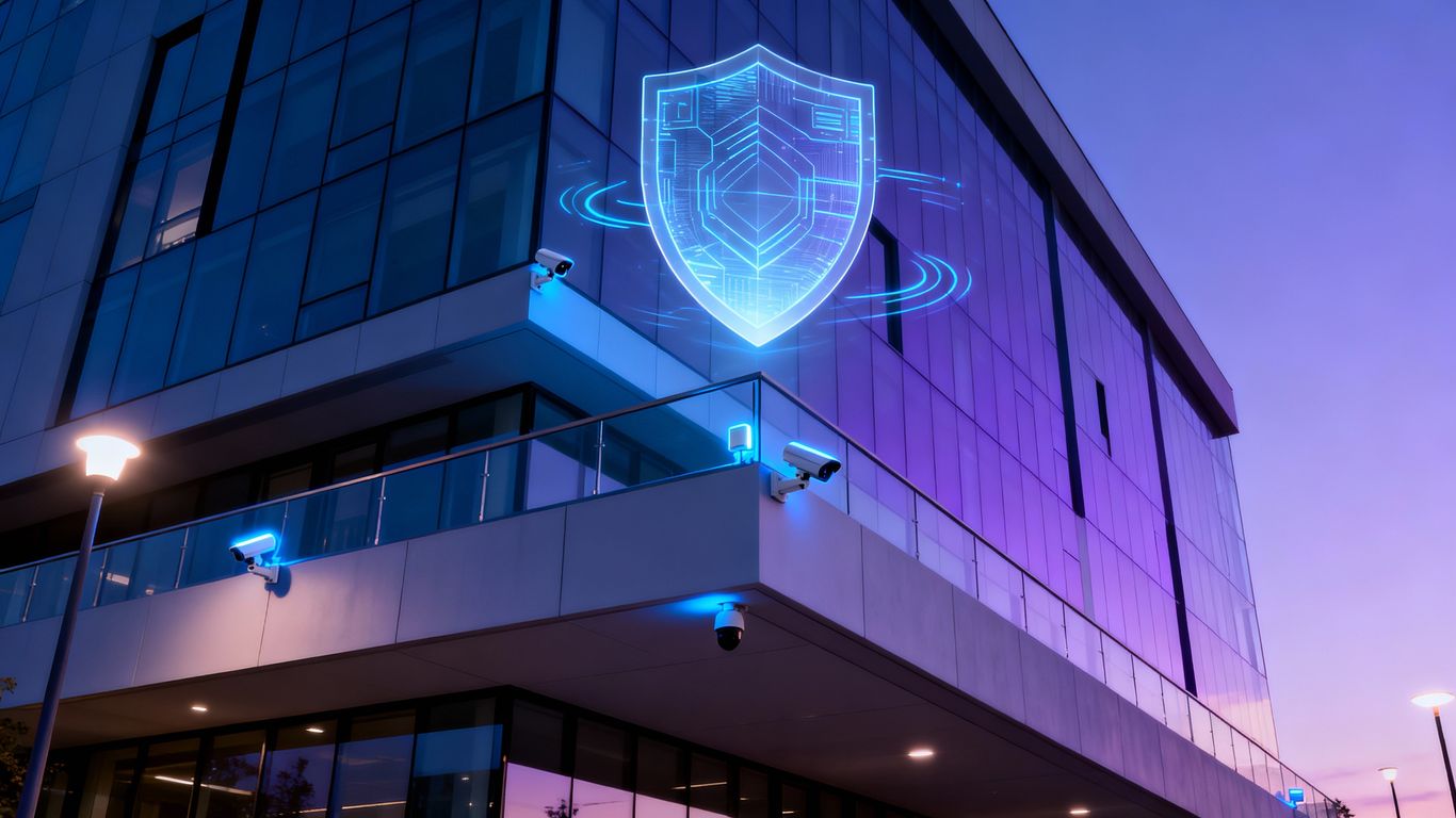 Modern building with integrated security cameras and sensors.