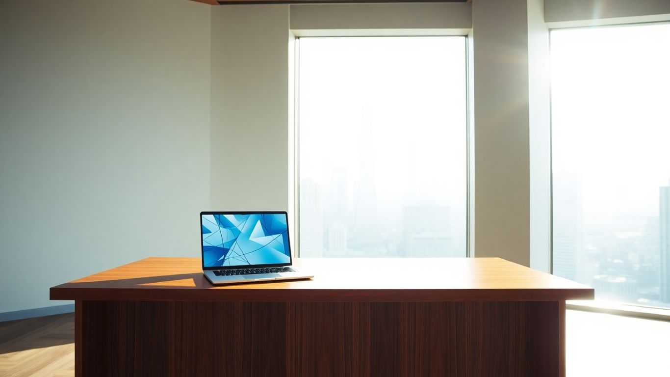 Modern office with city view and digital patterns on laptop.