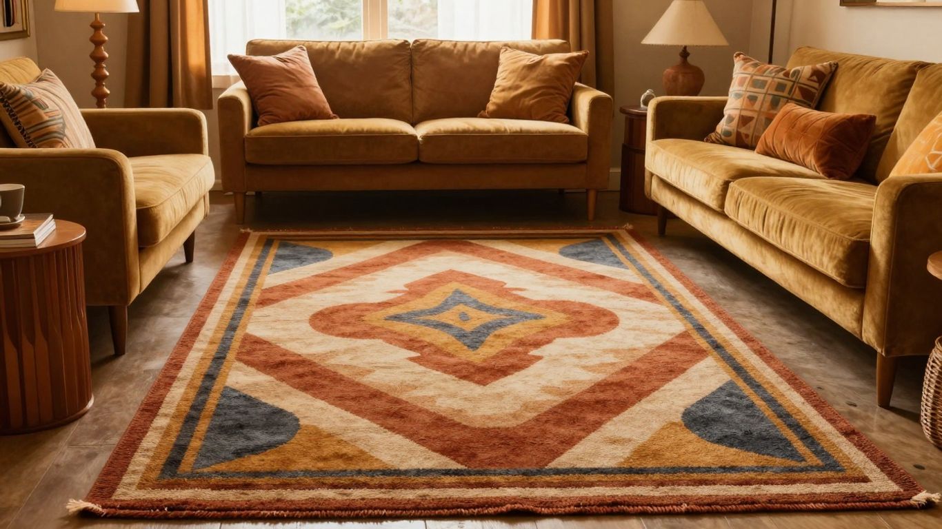Colorful geometric rug in a 70s style living room.