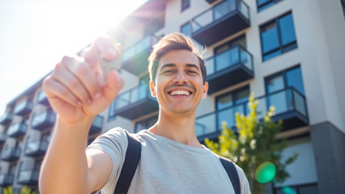 Persona feliz con llaves frente a un edificio de apartamentos.