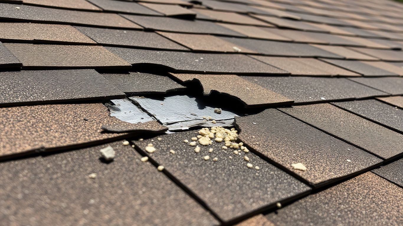 Damaged residential roof with curled and missing shingles.