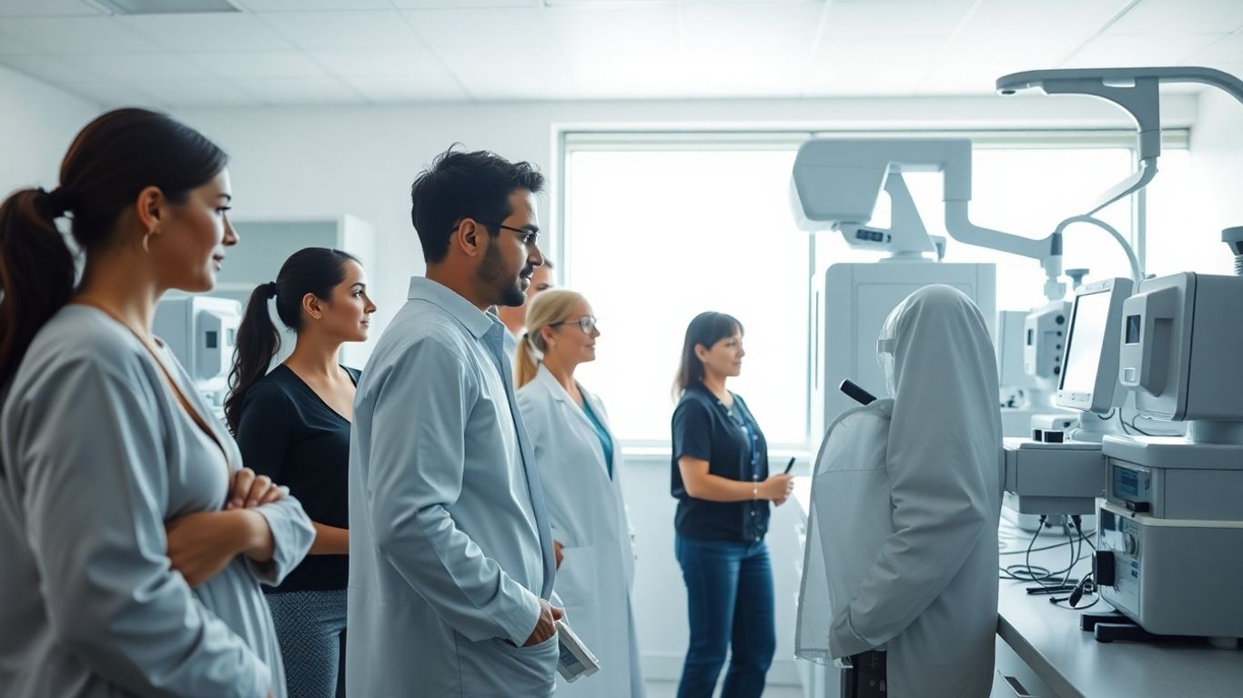 Pessoas em laboratório com equipamentos médicos avançados.