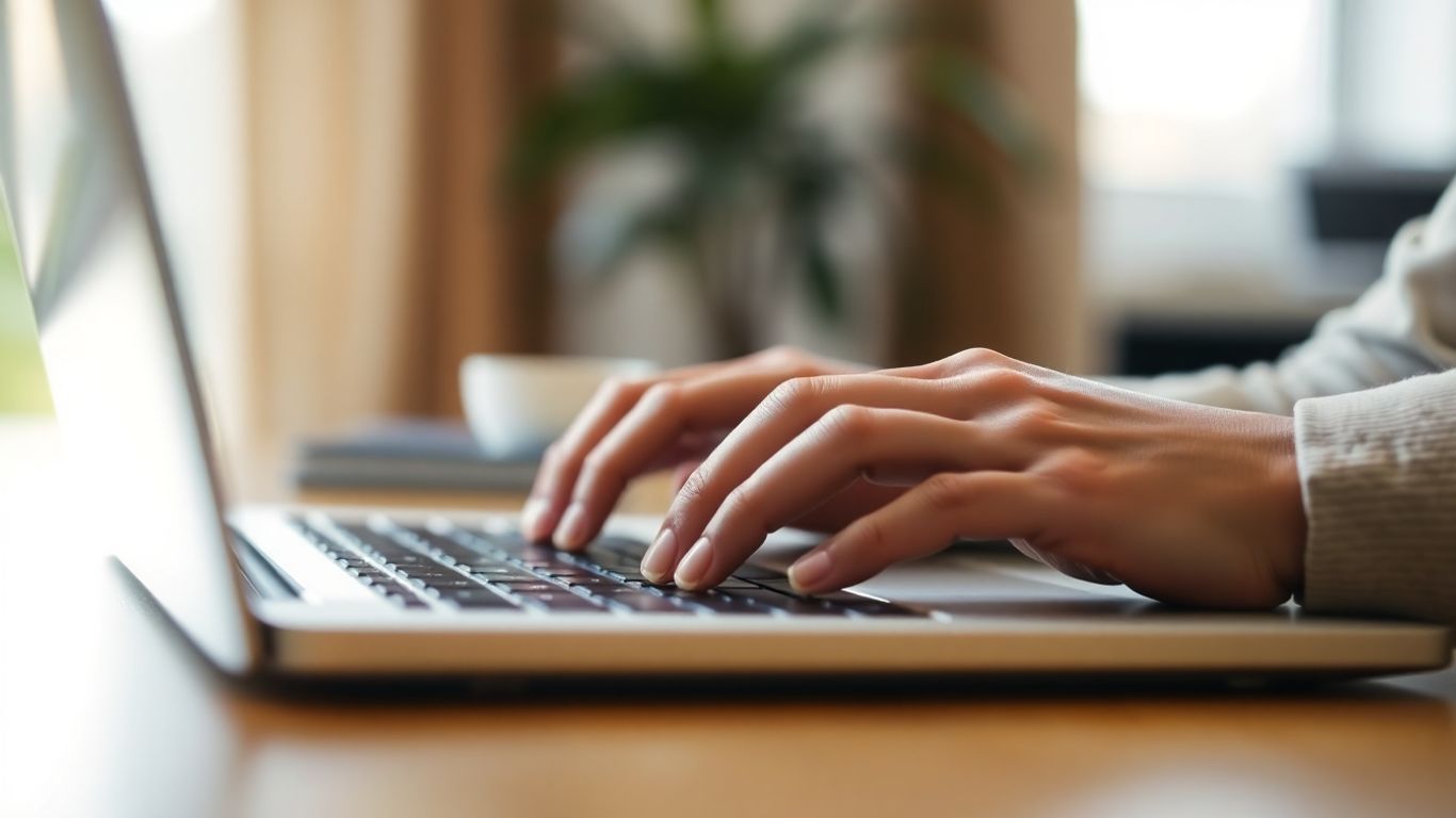 Hands typing on a laptop keyboard.