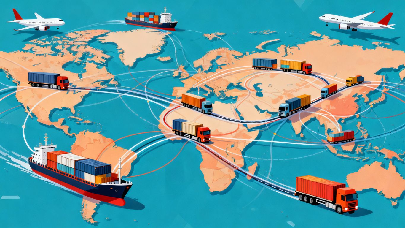 Global supply chain network with ships, planes, and trucks.
