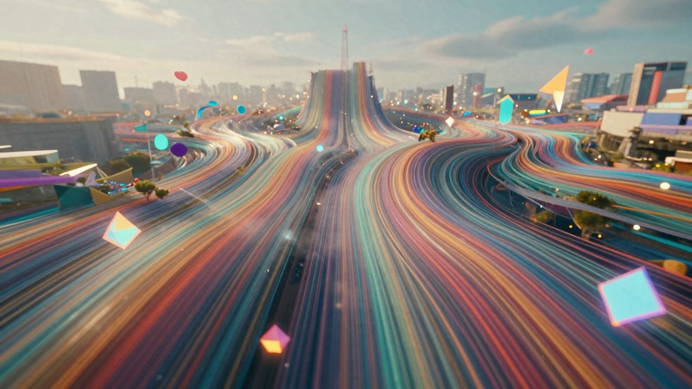 Digital landscape with colorful streams and geometric shapes.