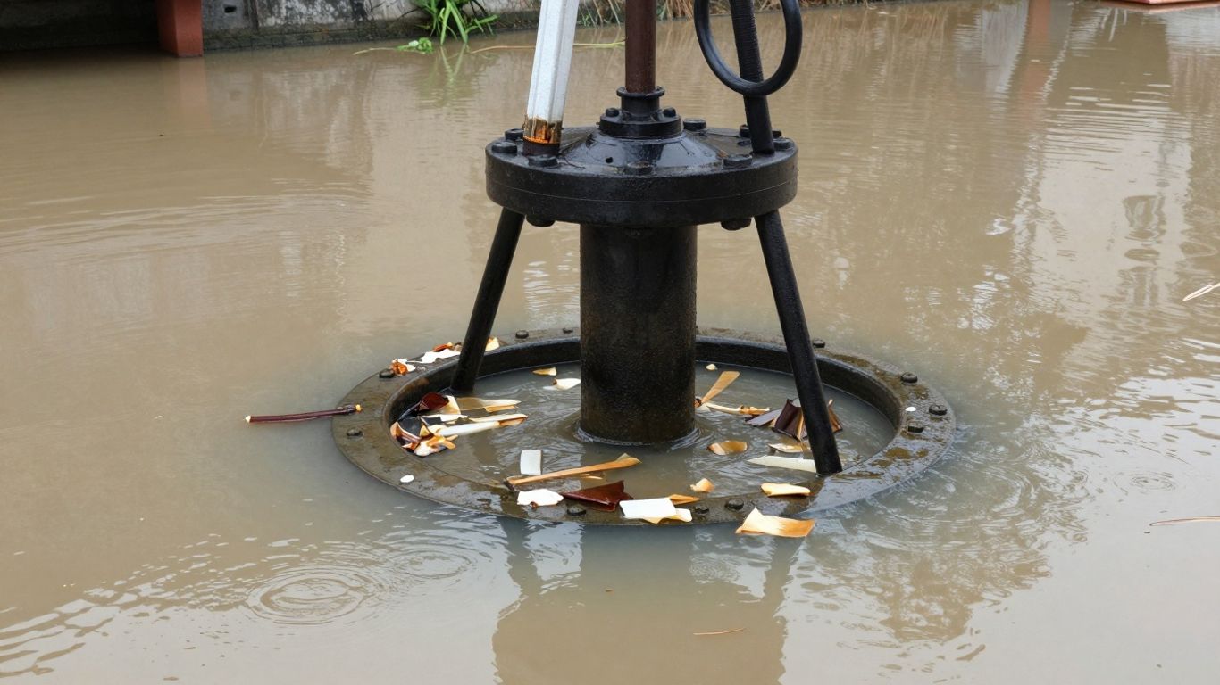 Flooded wellhead with murky water and debris.