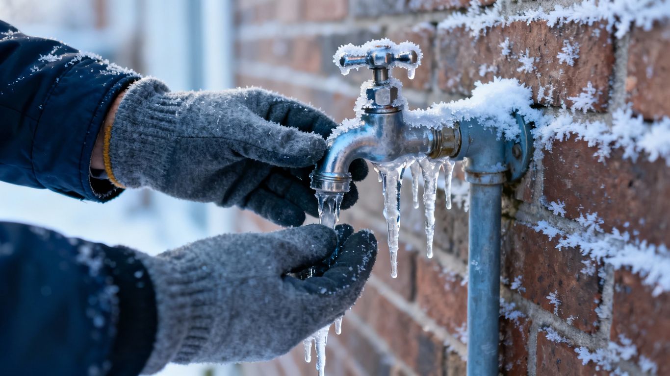 Homeowner inspecting frozen outdoor faucet in winter.