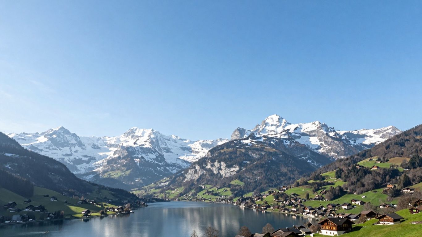Scenic Swiss Alps with snow-capped mountains and a clear blue sky.