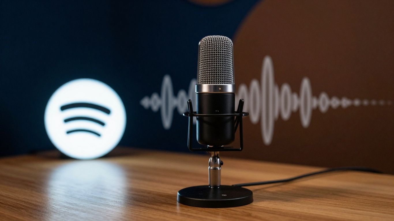 Podcast microphone with Spotify logo and sound waves.