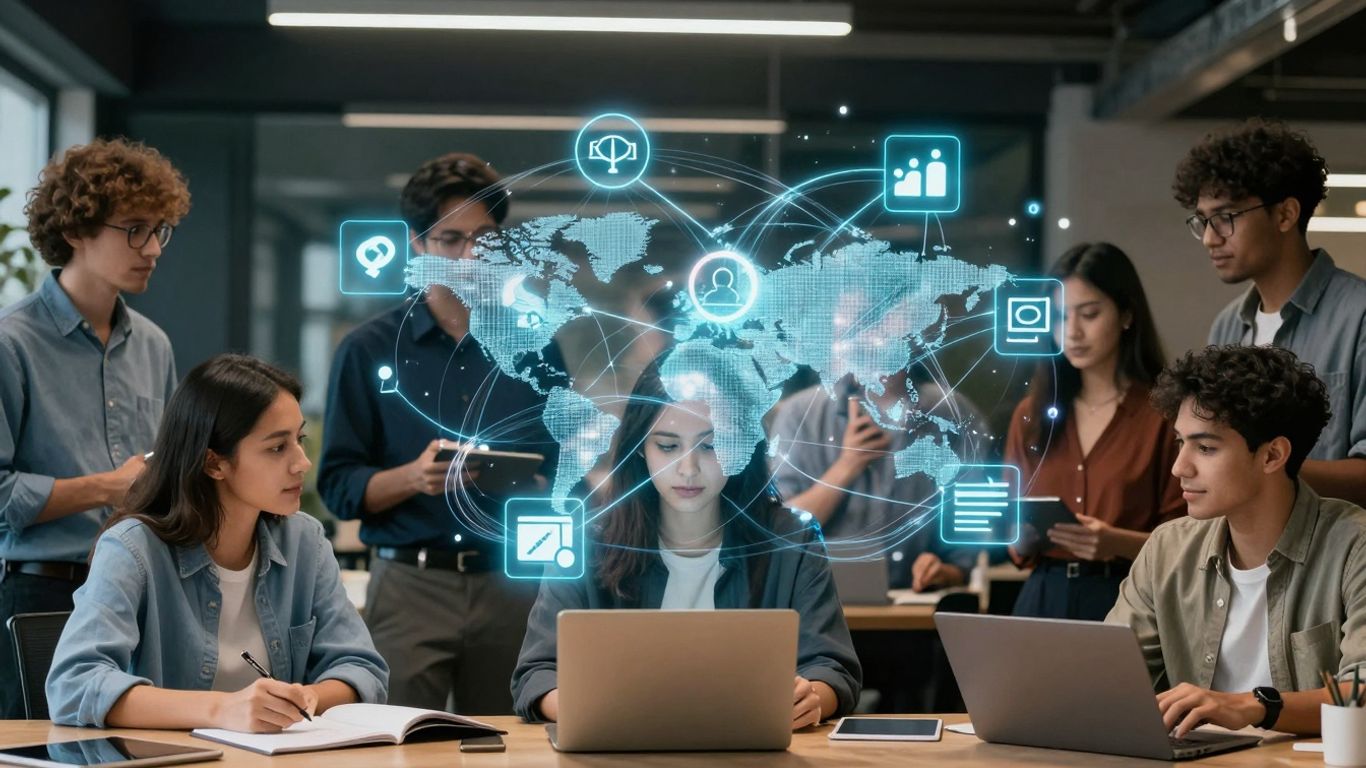 Digital marketing agency teams and glowing interface icons.