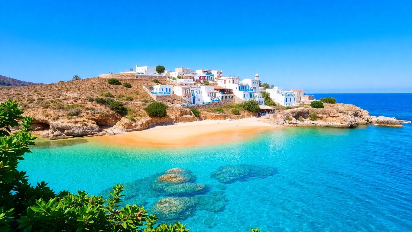 Turquoise bay with golden sand and whitewashed buildings.