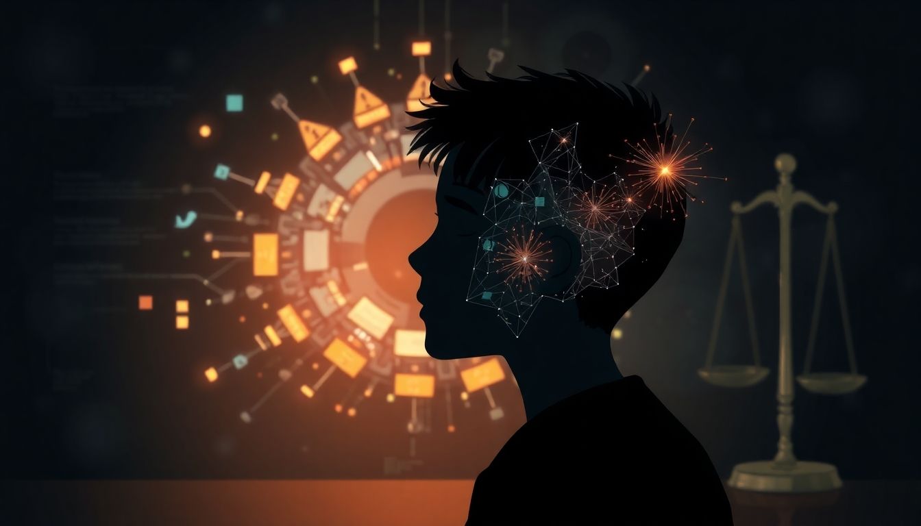 Young person facing a complex and cautionary AI interface.