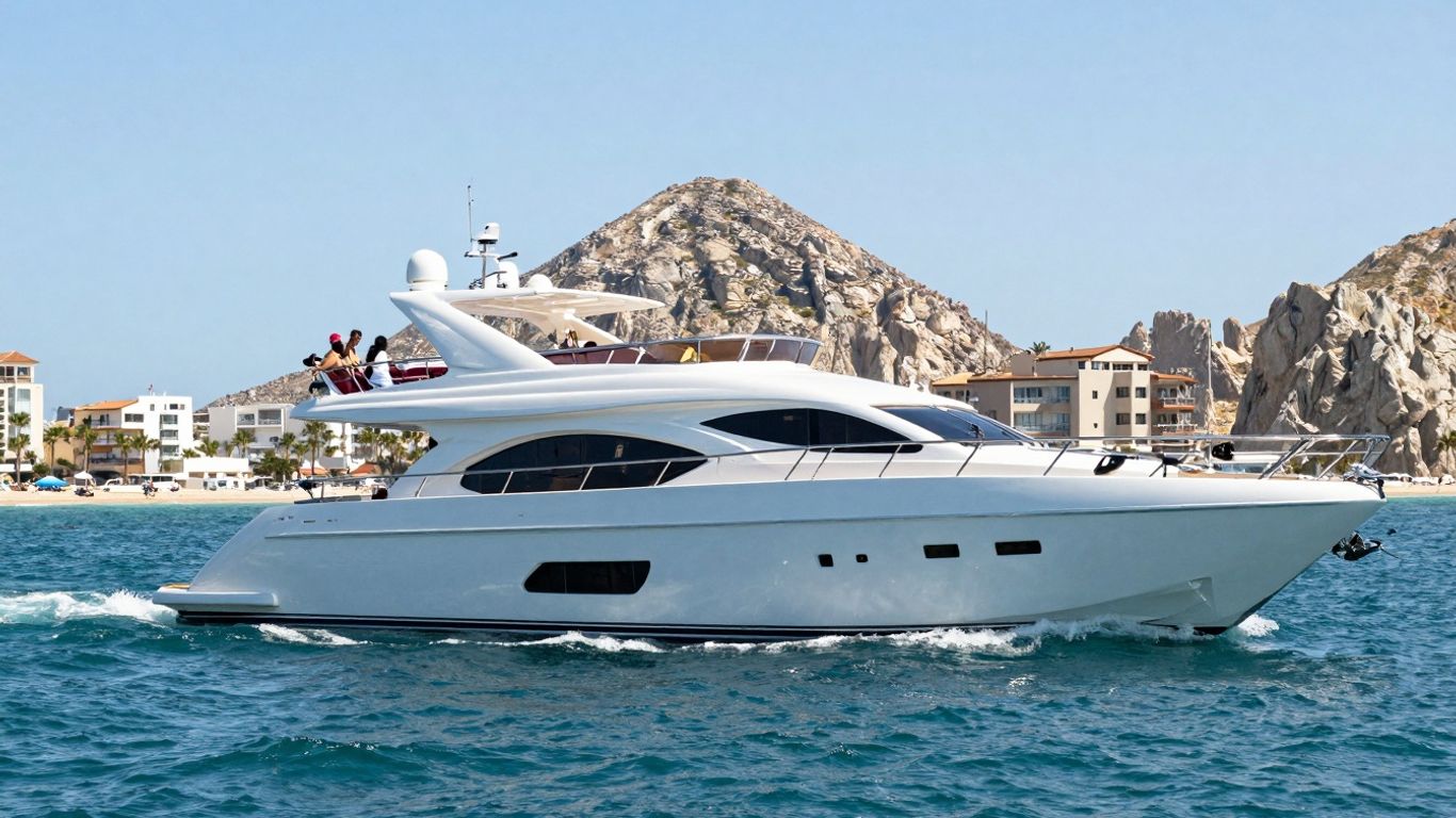 Luxury yacht sailing in Cabo with people on deck.