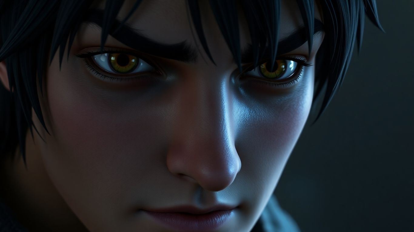 Rosto de NPC com expressão realista e profunda.