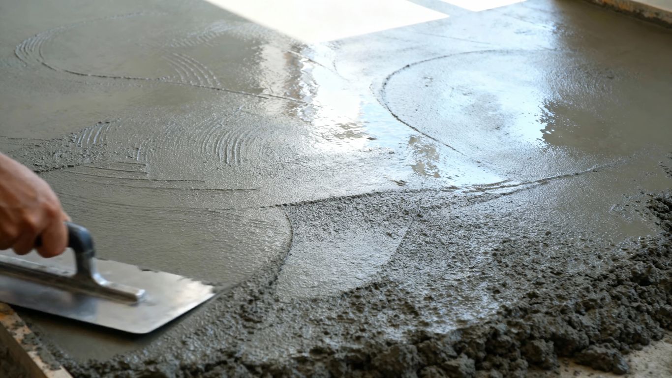 Freshly poured concrete being smoothed with a trowel.