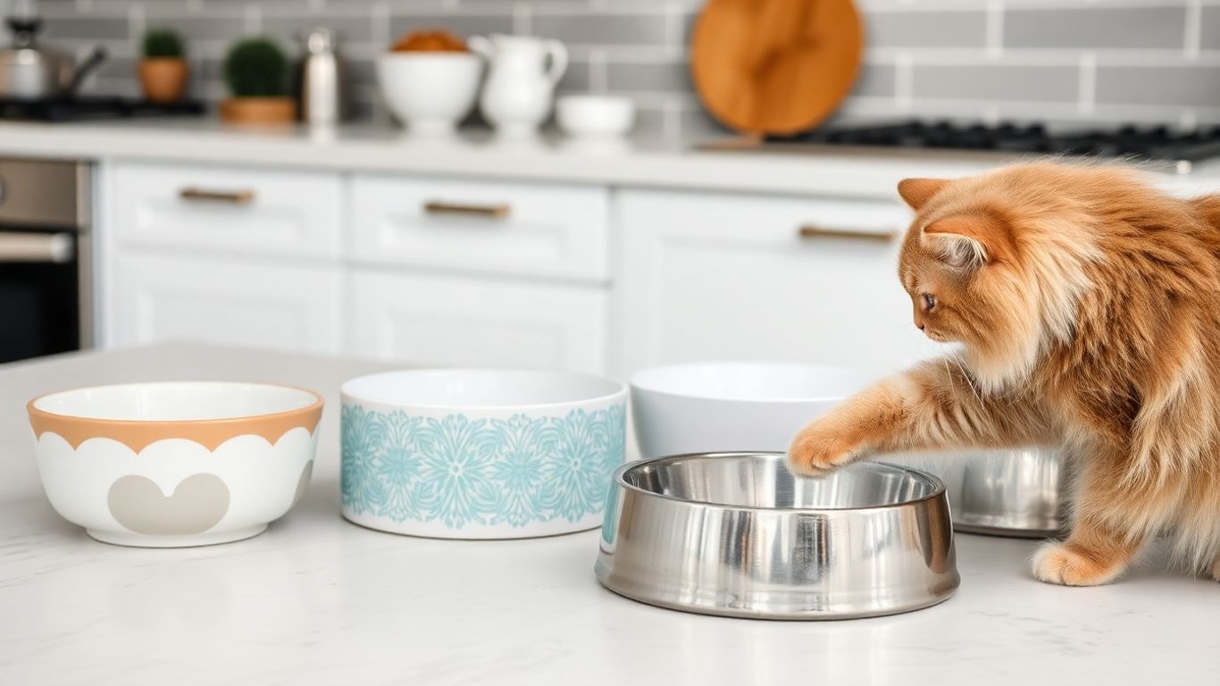 Various cat food bowls on a counter