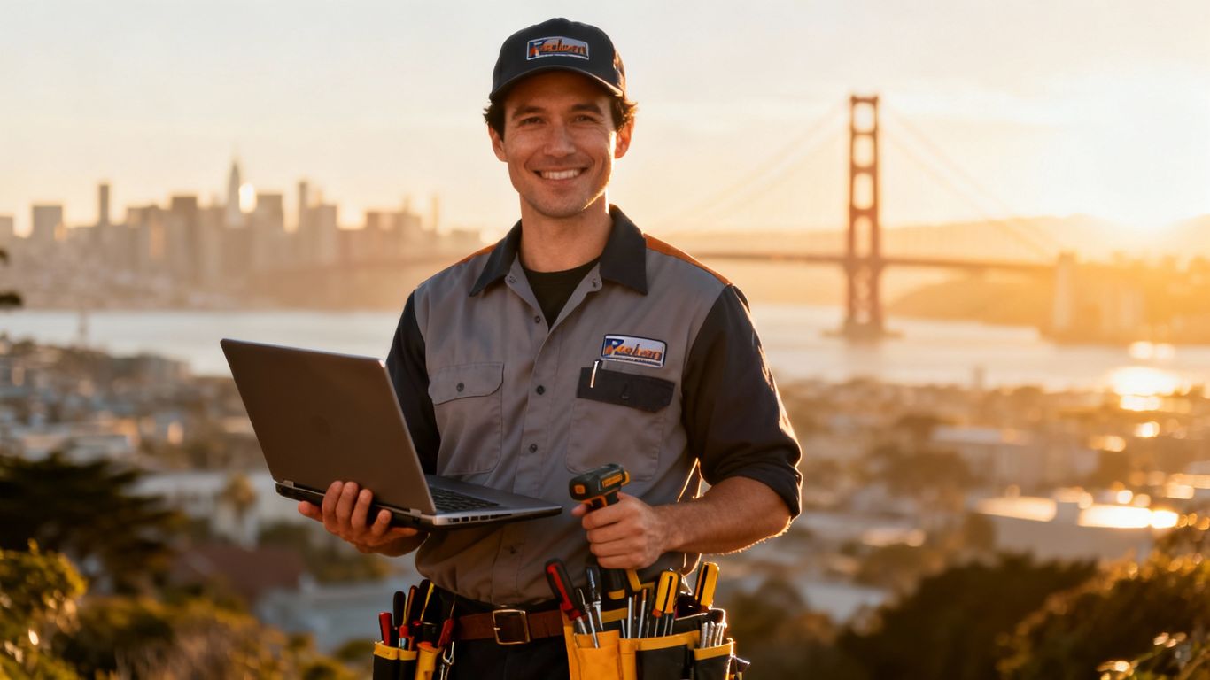 IT technician in Oakland with laptop and tools.