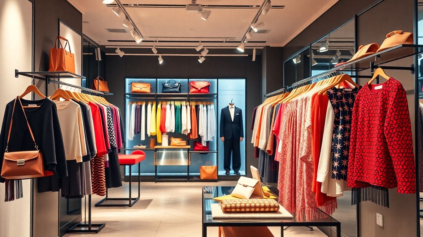 Stylish clothing and accessories in a chic boutique setting.