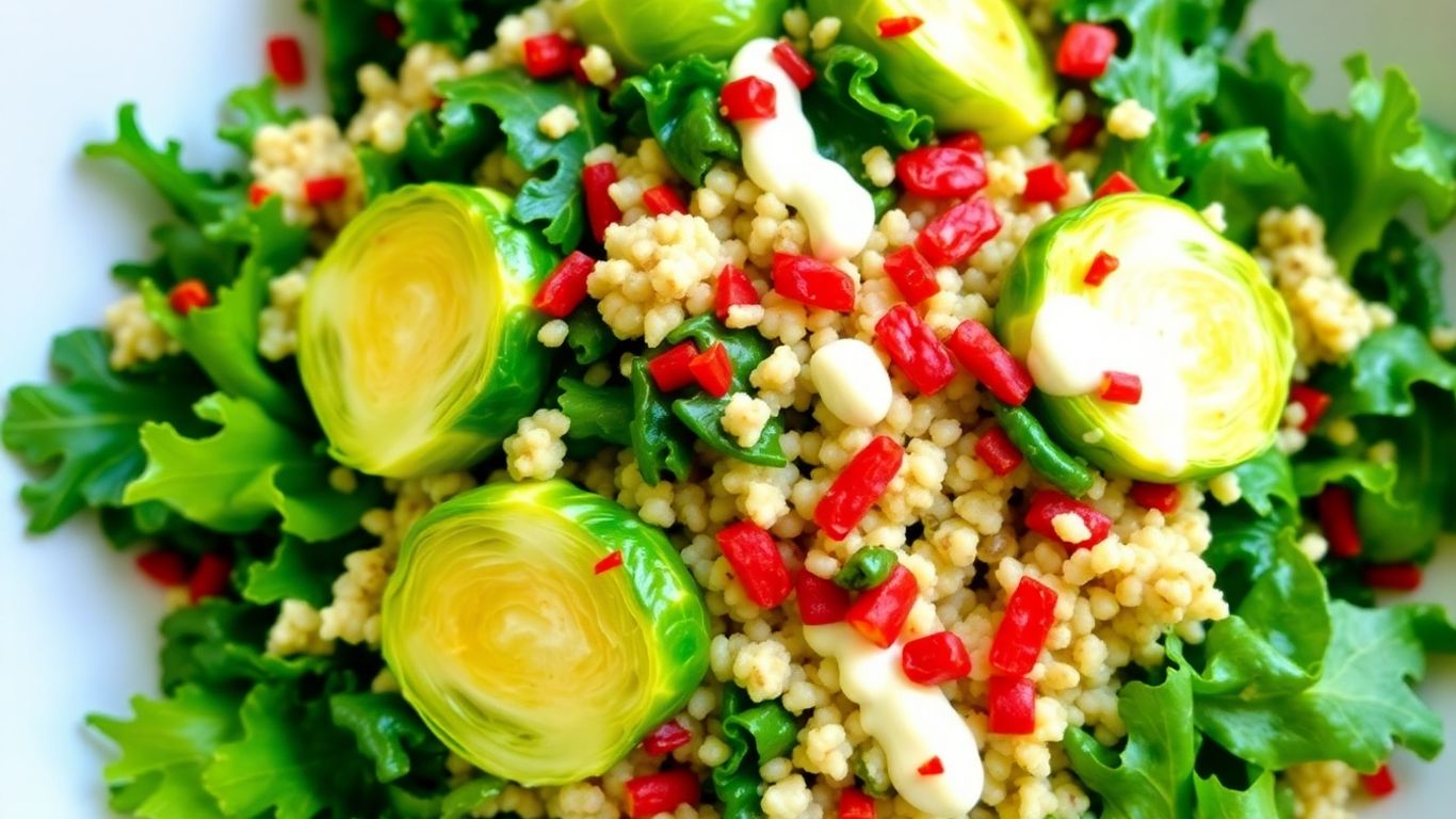Kale, Brussels sprouts, and quinoa salad with chili flakes.