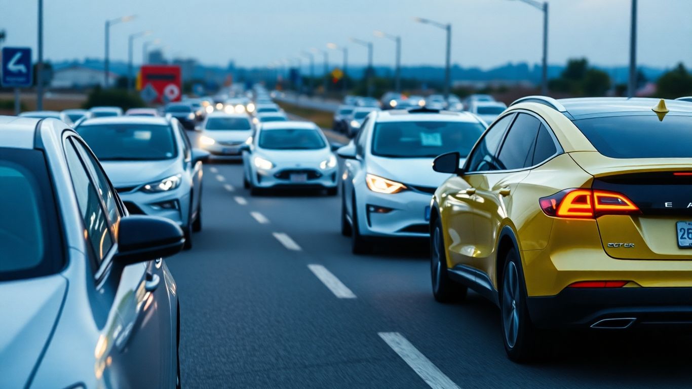 Electric vehicles on a road, indicating market share changes.