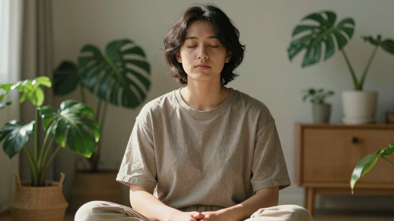 Person meditating in a peaceful, sunlit room.