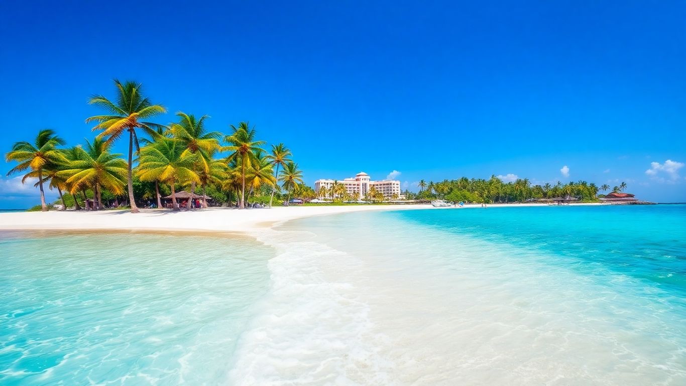 Affordable all-inclusive Caribbean beach with palm trees and resort.